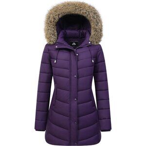 Women's Purple Puffer Hooded Jacket Coat Winter Warm Fleece Lined Detachable